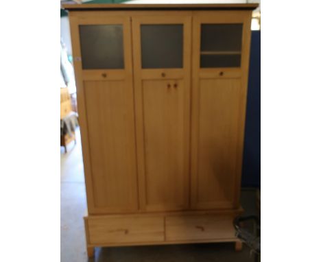 Ikea type light wood triple door wardrobe with two drawers to the base (125cm x 54cm x 188cm) 