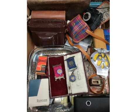 Silver hallmarked and enamelled Buffalo badge (cased), Ilford 35mm camera, vintage AA car badge, collection of vintage lighte