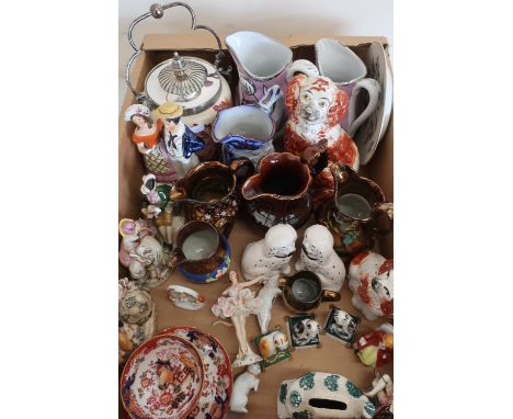 Collection of Victorian and later ceramics including models of Spaniels, a biscuit barrel with EPNS cover and handle, Worcest