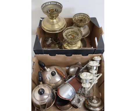 Turn of the century souvenir stereoscope by H C White &amp; Co, three piece silver plated tea service, two three branch cande