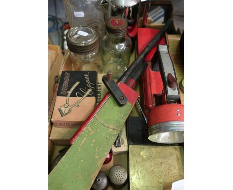 Vintage Schweppes Soda Siphon, a vintage EverReady 'Space Beam' torch, a tobacco box, a naive wooden toy machine gun and othe