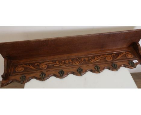 Dutch style oak wall shelf and coat hooks with carved detail (width 116cm) 