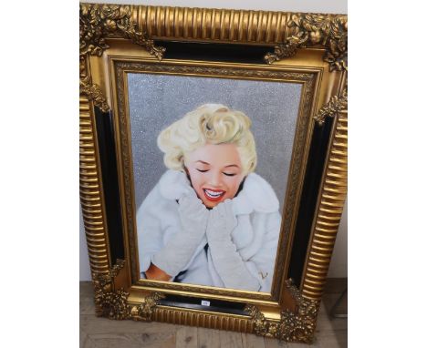 Marilyn Monroe in Fur Wrap, head and shoulders portrait, glitter effect print on canvas in decorative gilt and ebonised frame