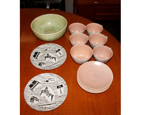 A quantity of Poole pottery twin tone teaware; a pair of Homemaker plates; and a Wade fruit bowl