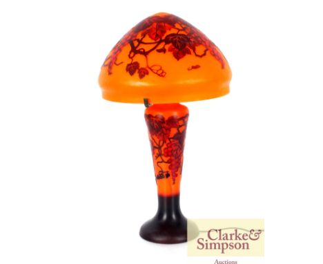 A Gallé style table lamp with fine decoration to the shade and body on an orange ground, 56cm high&nbsp;