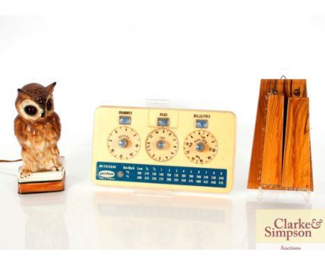 A Metricook Probus cooking timer; a wooden brush set and a porcelain owl table lamp