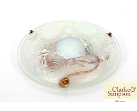An opalescent glass pendant ceiling light fitting in the manner of Lalique, having floral decoration, indistinct signature, 3