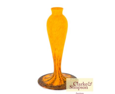 A French Art Glass lamp base having orange and green mottled decoration, with trumpet shaped base, 38cm high