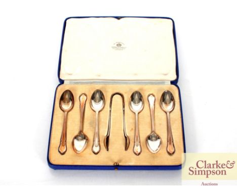 A cased set of six silver teaspoons and sugar nips by Mappin &amp; Webb, Sheffield 1936