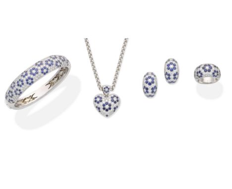 A sapphire and diamond bangle, pendant, ring and earring suiteOf bombé design,the bangle pavé-set to the front with circular-