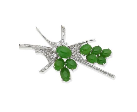 A jade and diamond broochThe radiating abstract spray set with baguette, brilliant and single-cut diamonds, accented by oval 