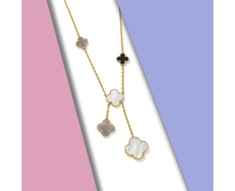 A 'Magic Alhambra' mother-of-pearl necklace, by Van Cleef &amp; ArpelsThe faceted cable-link chain accented at intervals by q