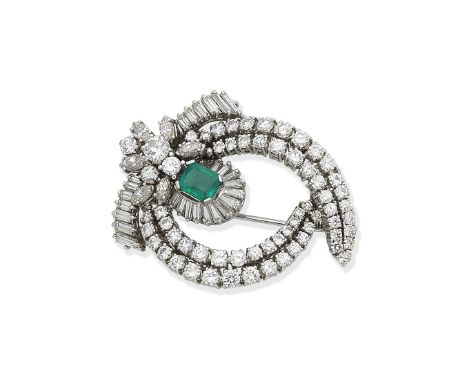 An emerald and diamond brooch, circa 1960Of abstract ribbon design, set throughout with brilliant, marquise, tapered baguette