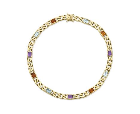 A gem-set necklaceThe partially textured flattened curb-link chain set at intervals with alternating step-cut amethysts, citr