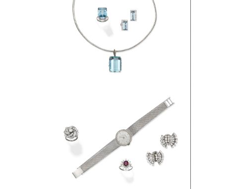 An aquamarine pendant and ring suite, by H. Stern, circa 1950, and a pair of aquamarine and diamond earrings1st: The step-cut