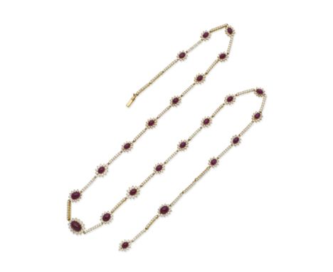 A ruby and diamond necklaceDesigned as a graduated series of oval cabochon ruby and brilliant-cut diamond clusters, with line