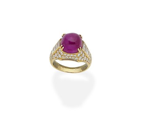 A ruby and diamond ring, by BulgariThe sugarloaf cabochon ruby to a bombé mount pavé-set with brilliant-cut diamonds, with ch