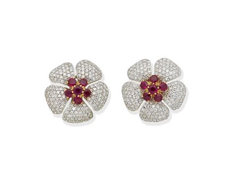 A pair of ruby and diamond earringsEach designed as a brilliant-cut diamond flower, accented by a circular-cut ruby cluster t