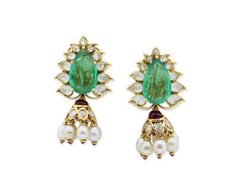 A pair of emerald, cultured pearl and gem-set pendent earringsEach pear-shaped emerald within a rose-cut diamond surround, su