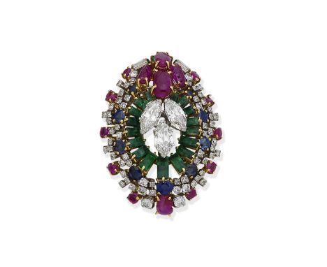 A gem-set and diamond brooch, circa 1960Of openwork design, set to the centre with a trio of marquise-cut diamonds, within a 