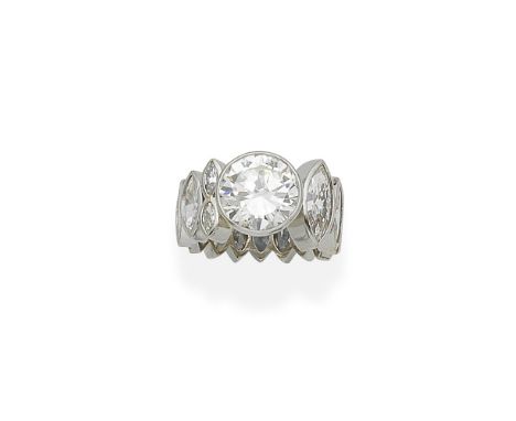 A diamond ringThe collet-set brilliant-cut diamond to a band of graduated similarly-set marquise-cut diamonds, principal diam