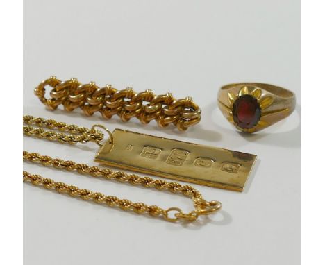 A Victorian yellow metal hollow bar brooch in the form of repeating knots, stamped '9', 4.3cm long, a 9 carat gold ingot pend