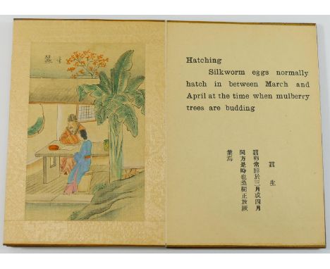 'Picture Story of Silkworm and Raw Silk', a Chinese accordion book, with wooden boards, containing 10 hand coloured prints on