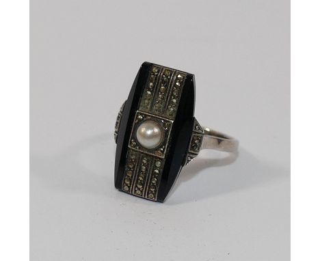 A small quantity of costume jewellery including an Art Deco marcasite, half pearl and black onyx panel ring, the shank stampe