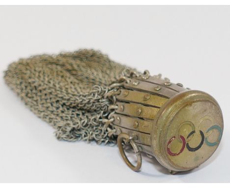 A 1936 Berlin Olympics chain mail purse, with expanding neck, the hinged lid decorated with enamelled Olympic rings, 9.5cm lo