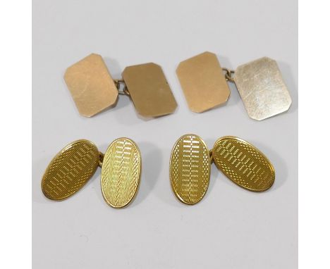 A pair of oval engine turned yellow metal cuff links and another pair of plain rectangular cuff links with chamfered corners,