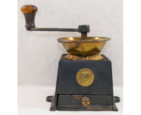 An Archibald Kenrick and Sons Ltd cast iron and brass coffee grinder and a 1970's wooden cased coffee grinder CONDITION REPOR