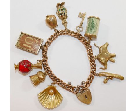 A rose coloured curb link bracelet, converted from a watch chain, the links individually marked '.375' and '9', with 9 carat 