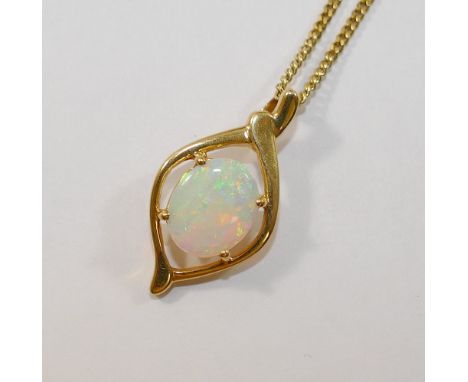 A yellow metal opal set pendant, 2.7cm long, stamped '750' and '18K', and chain, 50cm long, stamped '750', combined weight 8.