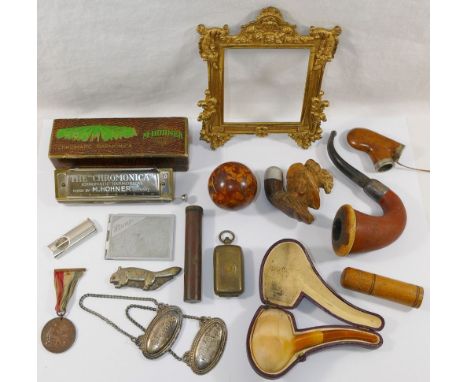 A collection of 19th century and later miscellaneous items comprised of a Hohner Chronometer, boxed, pipes, a gilt metal phot