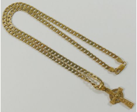 A 9 carat gold Celtic cross pendant and a filed curb link chain, 46cm long, combined weight 14g CONDITION REPORT: Please note