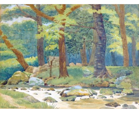 Harry Bernard (1862-1933), woodland stream, watercolour, signed lower left, 26.5cm x 34cm, framed and glazedBernard was a pot