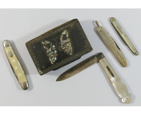 Miscellaneous items comprised of a Victorian silver and mother of pearl folding fruit knife, Sheffield 1860, 16cm long, a sil