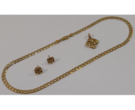 A 9 carat gold square pendant and earrings suite, and a filed curb link chain, 40.5cm long, combined weight 16.4g CONDITION R