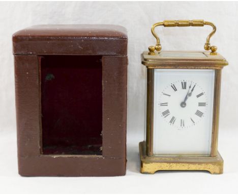 An early 20th century French brass cased five-glass carriage clock, the white enamel face with Roman numerals, 14.5cm high in