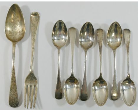 A set of six silver old English pattern teaspoons, Sheffield 1917, and a Georgian old English pattern spoon and fork, London 