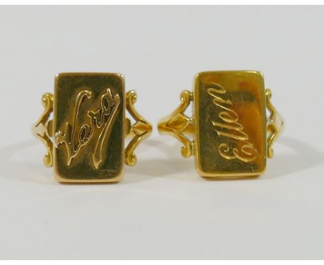 A yellow metal signet ring inscribed 'Ellen', stamped '22CT', 6.7g, and another similar ring, inscribed 'Vera', unmarked, 4.7