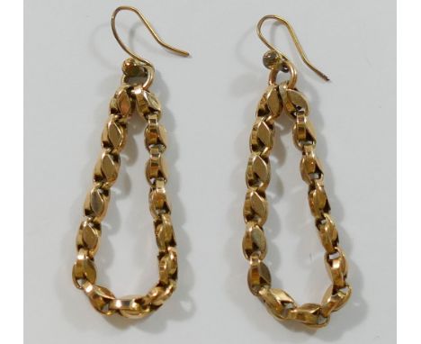 A pair of yellow metal drop earrings, converted from a chain, unmarked, with hook backs, 4.5g gross  CONDITION REPORT: Please