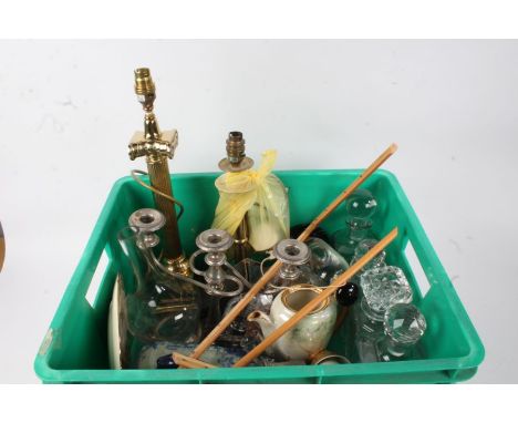 Mixed items, to include two brass table lamps, silver plated candelabra, various glass decanters, wooden fruit, blue and whit
