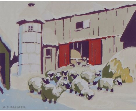 Herbert Sidney Palmer (Canadian 1881-1970) Sheep by a farm, silkscreen print, 11.5cm x 9cm