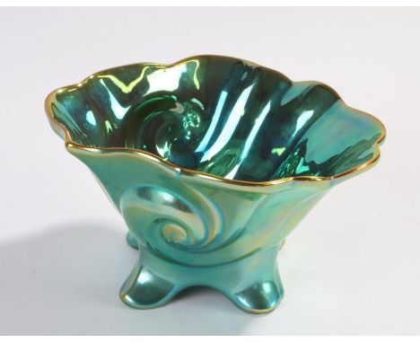 Zsolnay Hungary Jubileum 150 bowl, with green lustre decorated scrolled body, 11.5cm high, 20.5cm wide, 19cm deep