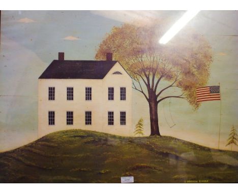 Warren Kimble print, "The Old Meeting House", housed in an ebonised and glazed frame, the print 70cm x 51cm