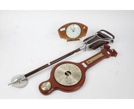 Brown leather seated shooting stick, a modern barometer and a Metaec mantel clock (3)