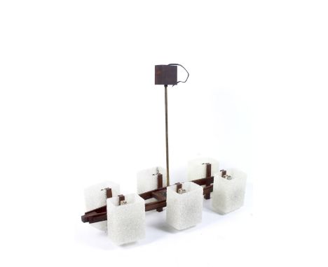 A mid-century vintage teak and brass ceiling pendant light. Consisting of six lights with textured plastic rectangular shades