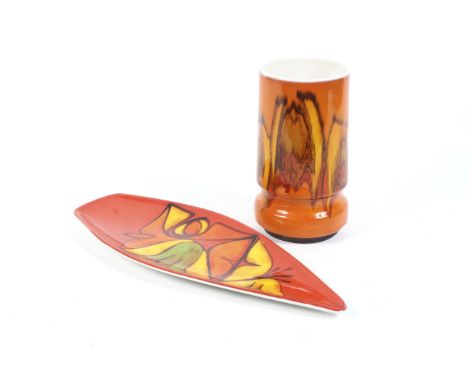 Two mid-century Poole Pottery Delphis items. Comprising an orange cylinder vase and red shield dish. Max. H23cm