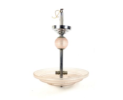 An Art Deco pink glass and chrome ceiling pendant light. Diameter 41cm H52cm